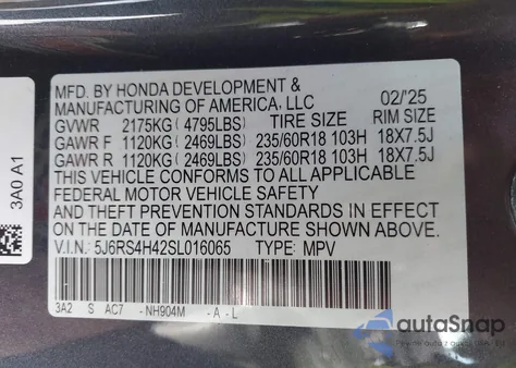 2025 Honda Cr-V Ex Awd из США, поврежденный, VIN 5J6RS4H42SL016065